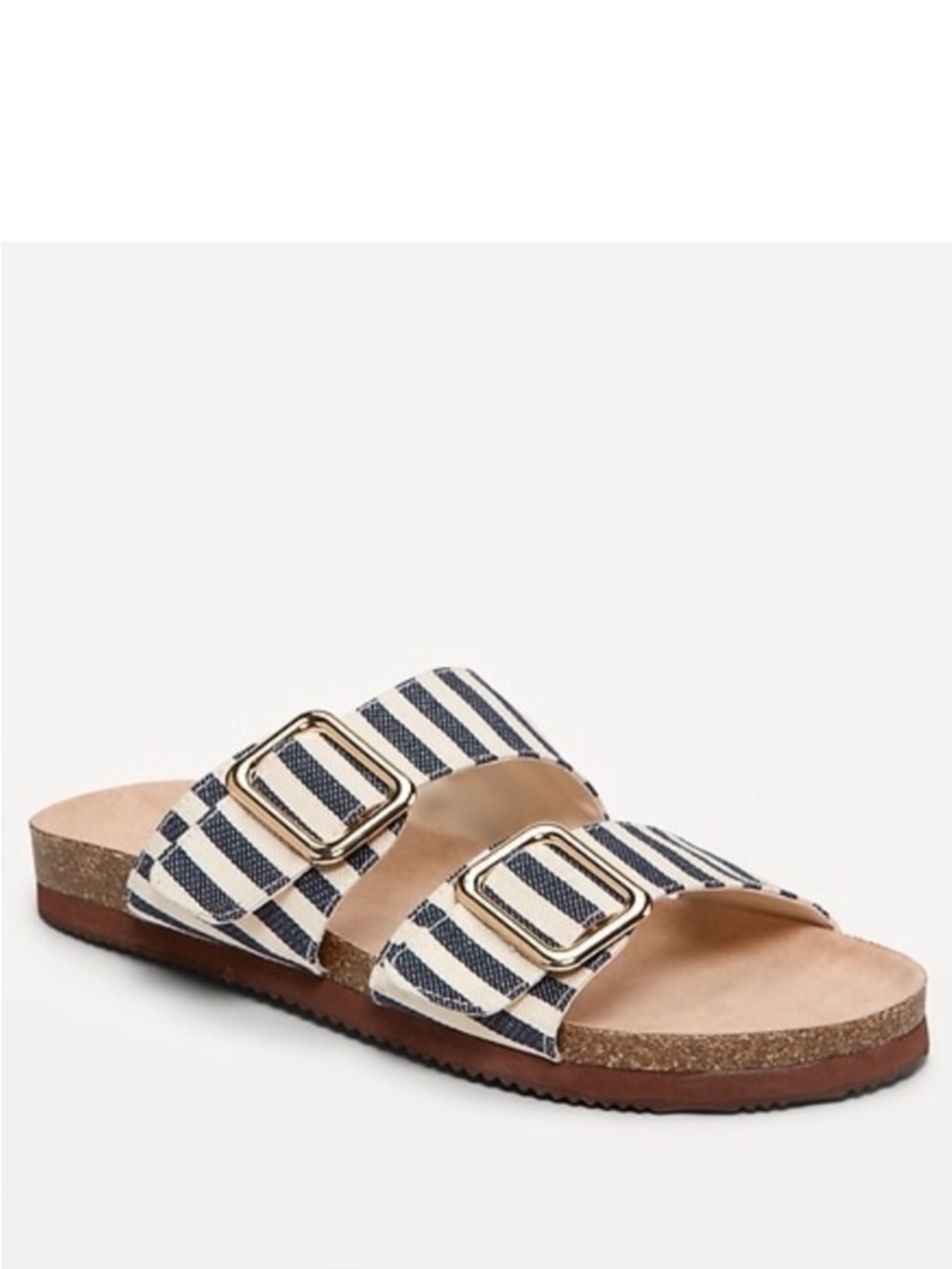 NWT Striped Double big Buckle flat slide Sandals blue denim white 8 8.5